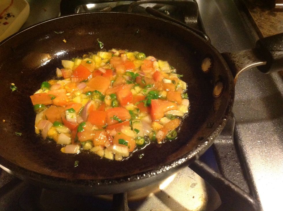 To a pan with some hot oil, add a heaping teaspoon of the salsa you just made, and saut\u00e9 it for a couple minutes.