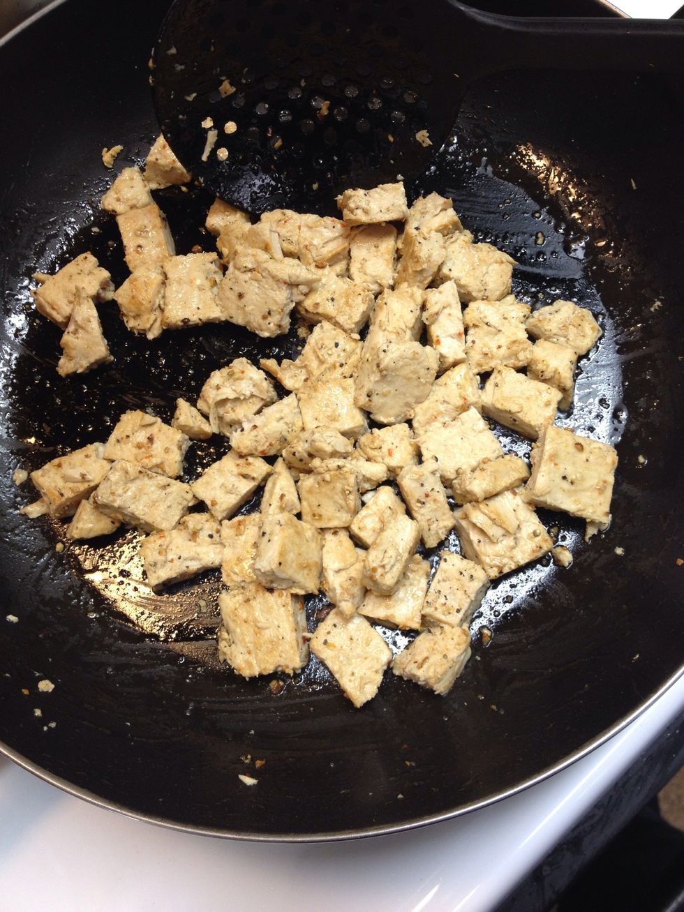 To a skillet, add 1 tablespoon of olive oil and brown chicken on medium high heat. About 3 mins.