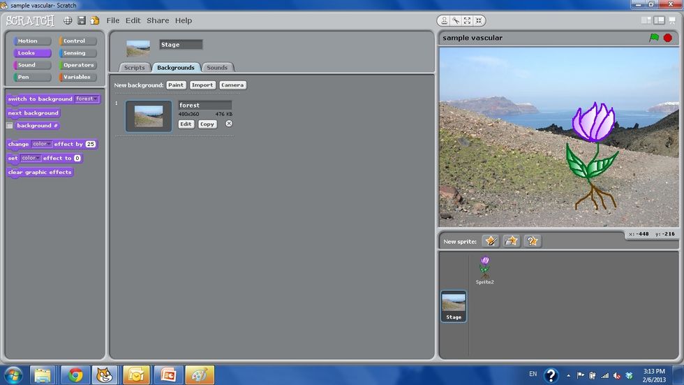 To add a background click on the Stage, go the background tab and press Import. Click into the Nature folder and select your background.
