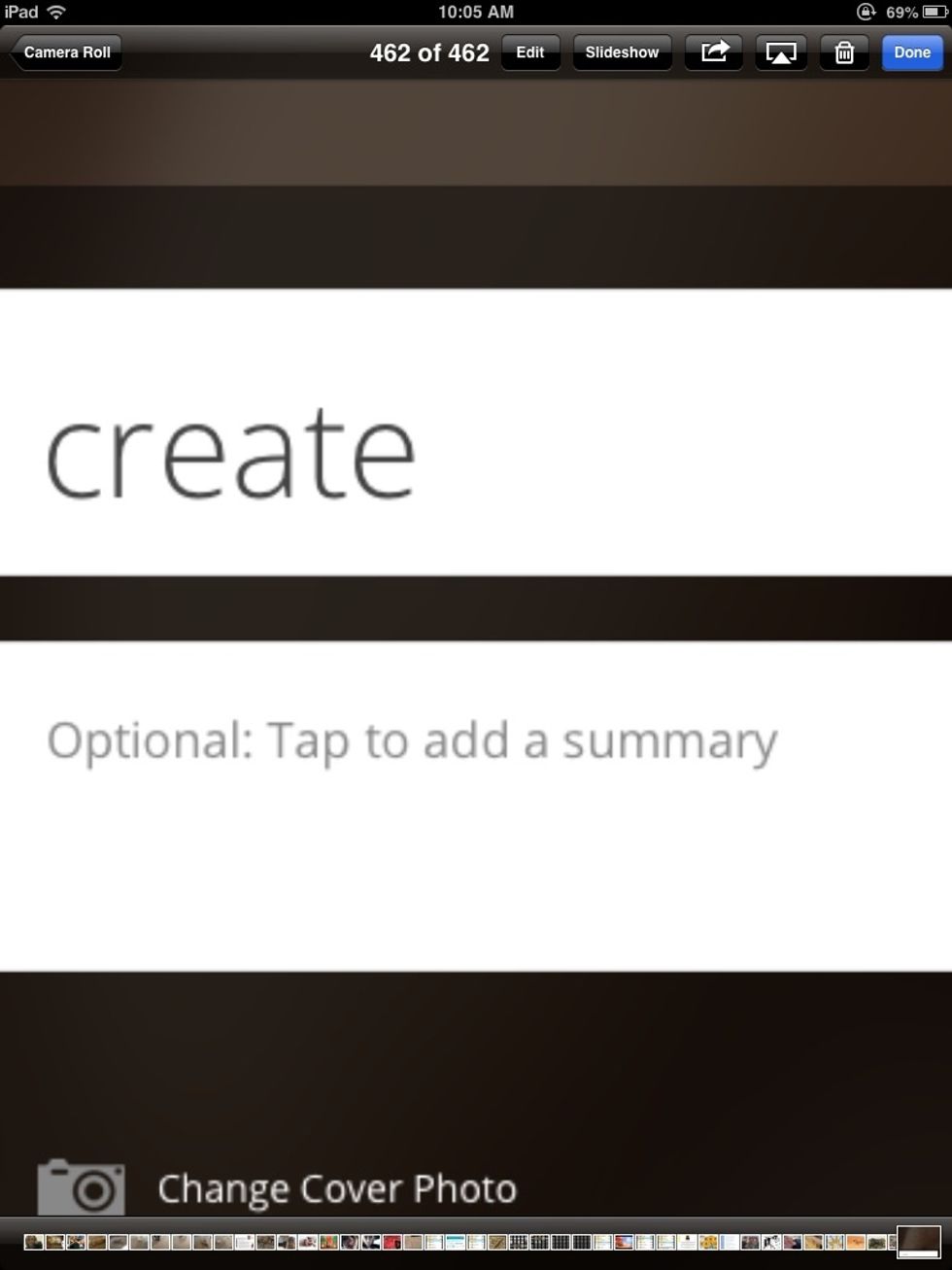 To add a summary, tap, "Tap to add a summary." To add or edit a photo, tap, "Change cover photo." To go back to the previous screen, tap the arrow in the left-hand corner.