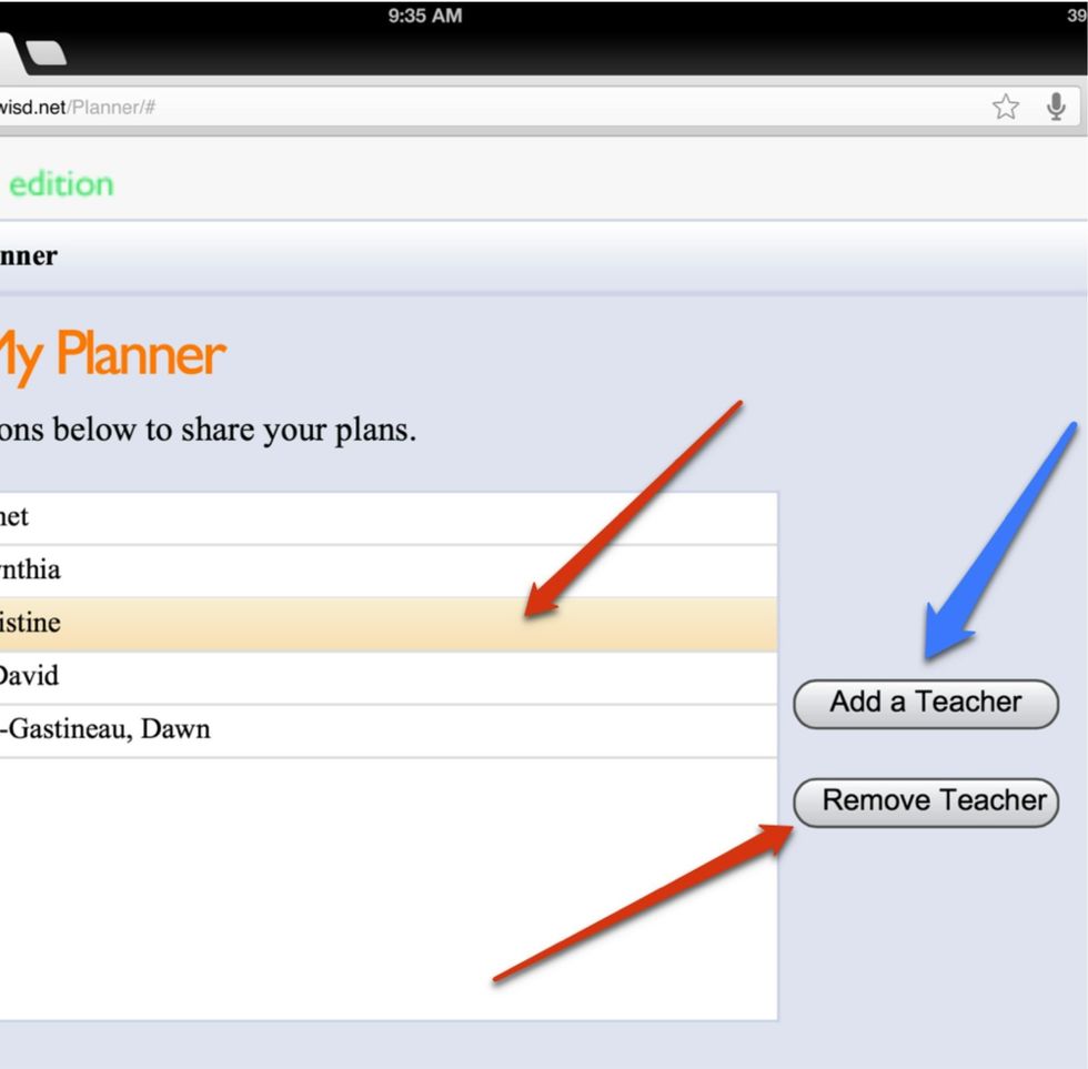 To add a teacher (blue): click teacher, type in name, click add, click next. To remove a teacher (red): click the teacher's name once, then click remove teacher, and next.