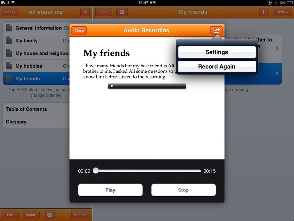 To add audio, click Add element and select audio. Make your recording and save it or re-record.