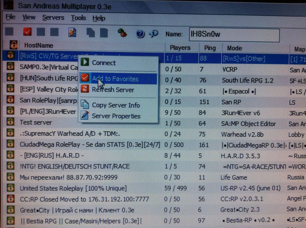 To add server click right mouse button, and click add to favorites