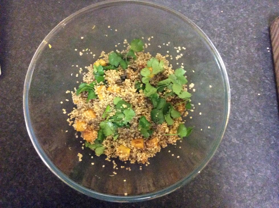 To assemble the salad, place quinoa in a heatproof bowl, add pumpkin, lemon both ways and coriander. Season with salt and pepper and toss gently to combine.