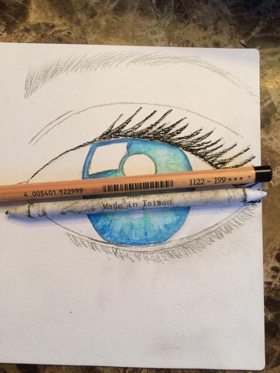 To begin my outline, I grabbed my PITT (R) Pastel Pencils 199 (Black) and a blending stump. Start with the eyelashes.