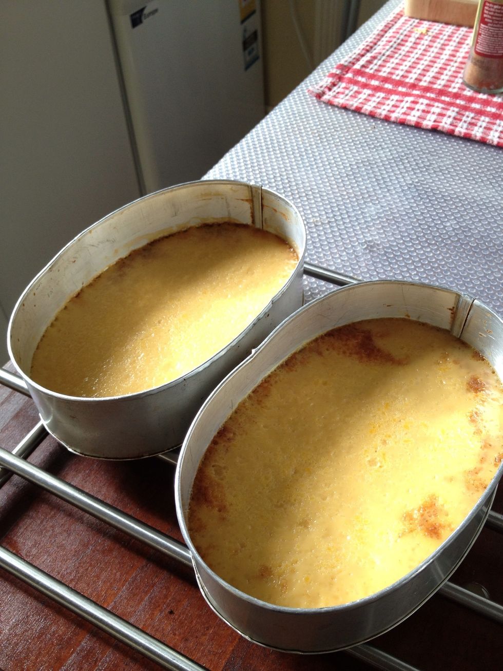 to check doneness, stick a toothpick into it. if it comes out clean, it's done