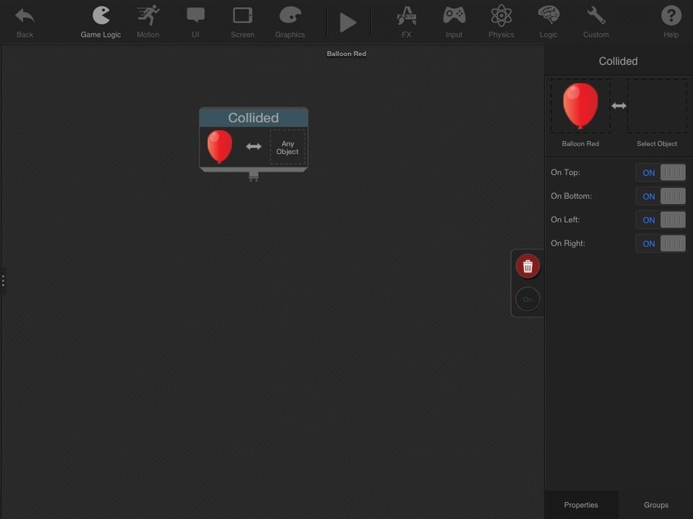 To choose what the ballon can collide with, tap where it says ANY OBJECT and a menu opens up on the right. Now tap where it says SELECT OBJECT.
