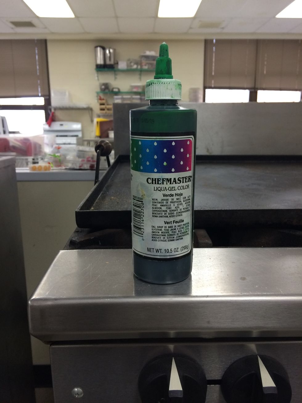 To color your ice cream, use green food coloring. Add desired amounts depending how dark or light you want your ice cream to be. We recommend 3-4 drops.