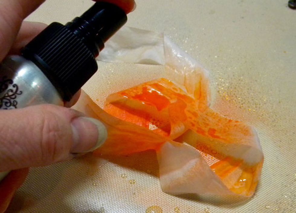 To colorize the ribbon, I sprayed Juicy and water on seam binding but I didn't get a bright enough result.