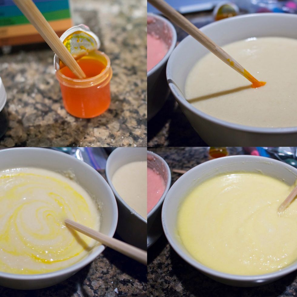 To colour cake batter, dip a toothpick or chopstick into the gel paste and then and into your cake batter and stir. It usually doesn't take very much to colour your cake batter.