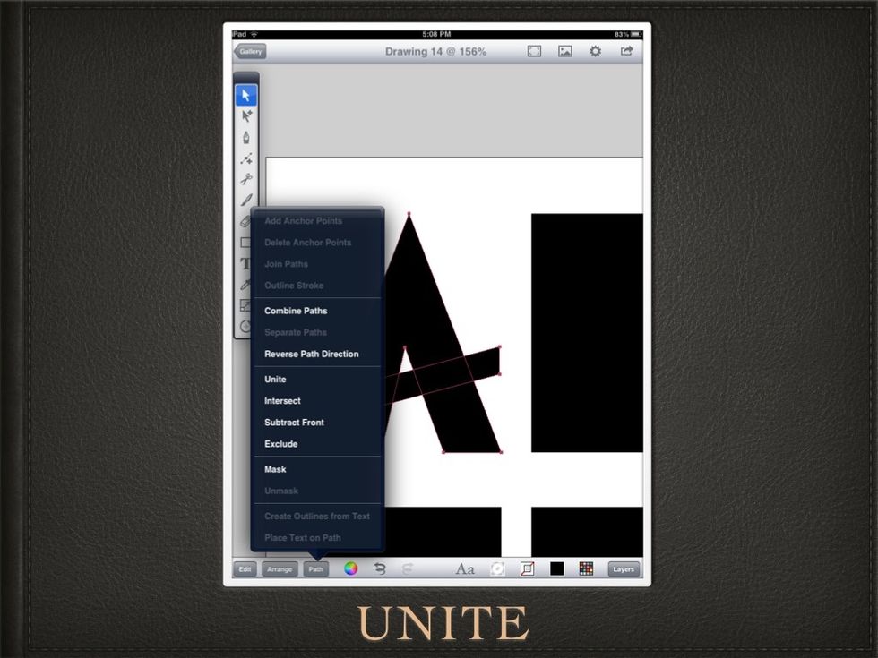 To combine these two shapes I choose PATH at the bottom left of the screen and then tap UNITE.