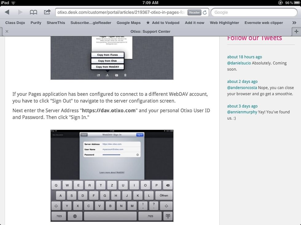 To connect to Otixo, enter in the server address as shown above and then login with your credentials.
