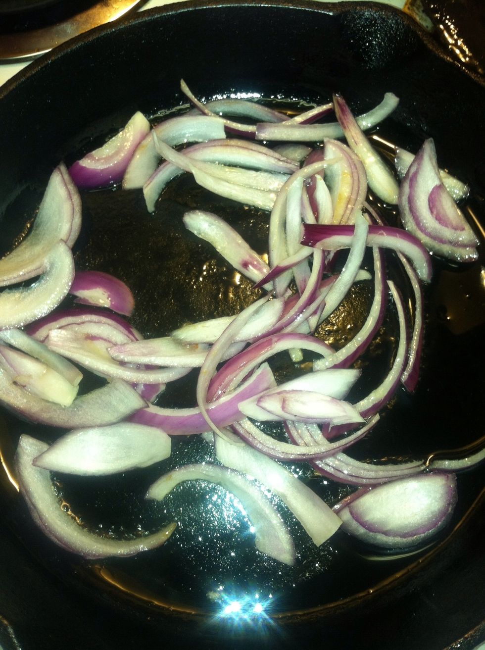 To cook caramelized onions add oil to your pan. (enough to coat the onions.) Turn the heat to medium and let it heat up. After its heated add your onions and make sure they are coated in oil.