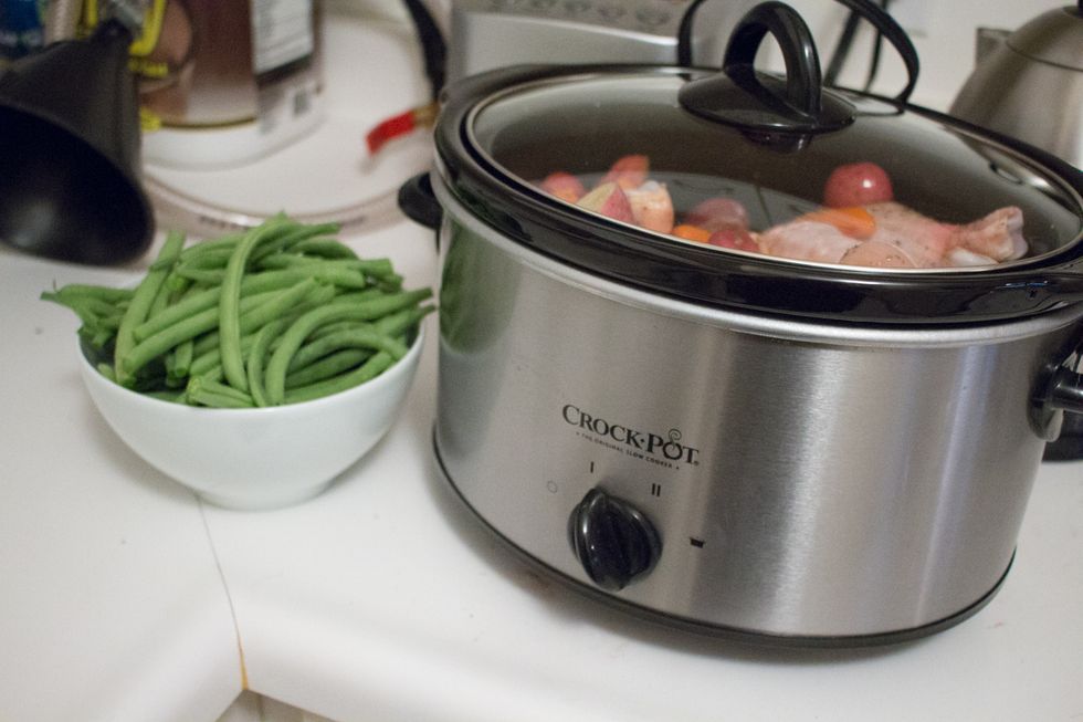 To cook in 8 hours, cook on low OR cook on high for 4 hours. Note: We will add the green beans in the last half hour of cooking.