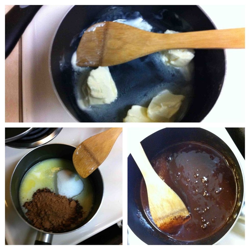 To cook the glaze, in a saucepan melt the butter, add milk, sugar, cocoa, bring to a boil and simmer until the mixture begins to thicken slightly.