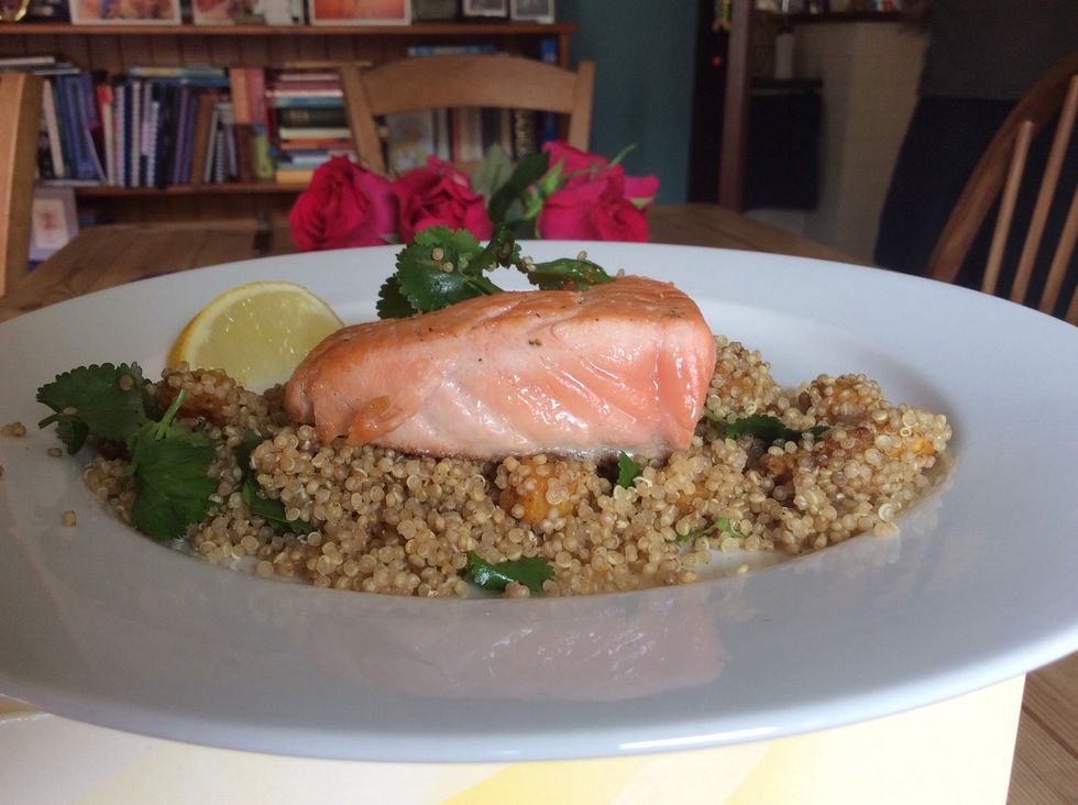 To cook the salmon, preheat a nonstick pan and sear the top and bottom, leaving the middle third raw.
