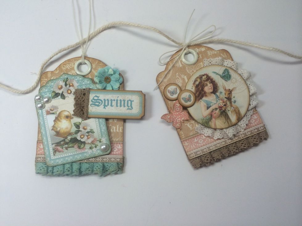 To create a hanging banner, cut a long piece of twine then use waxed twine pieces to attach each tag to it. The waxed twine grips well and your tags won't slide around.