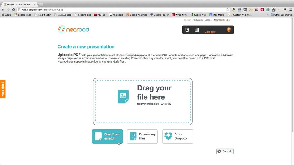 To create a Nearpod Presentation, you can either start from scratch or upload a PDF, ZIP, or image file from your computer or your Dropbox account.