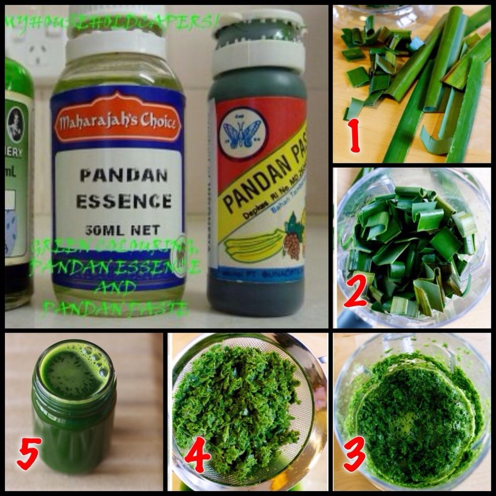 To create a paste out of pandan leaves, cut them into 1-inch & place in a pot together with 1/2 cup water (put as many as will fit). Boil until leaves are soft, then put them with water in a blender.