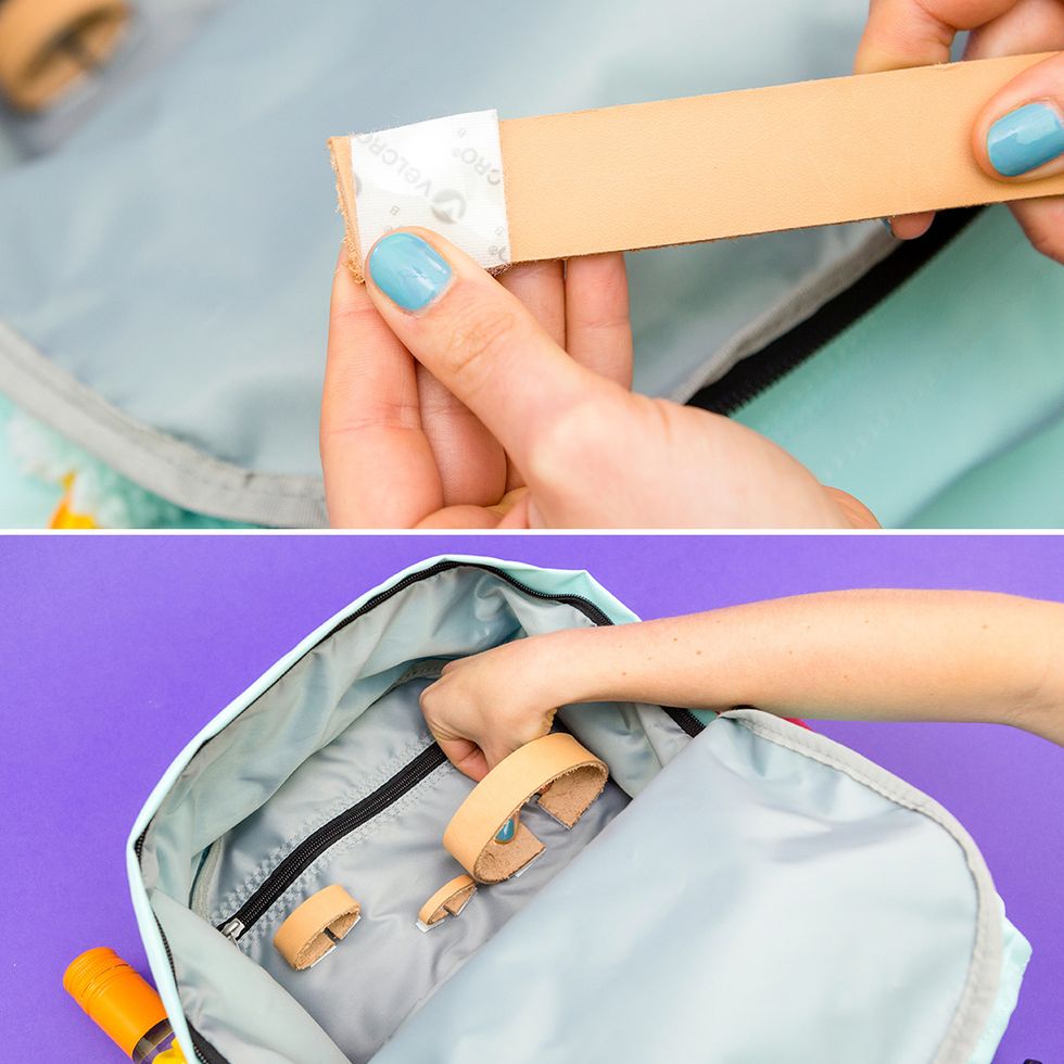 To create a storage space for all of your picnic needs, adhere one end of the velcro pieces to the ends of the leather strap and then place the other end of the velcro to the inside of the backpack.
