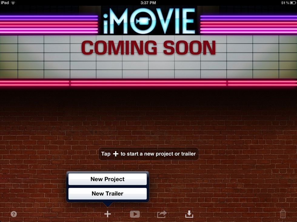 To create a trailer in iMovie, first select the plus symbol to add a new trailer.