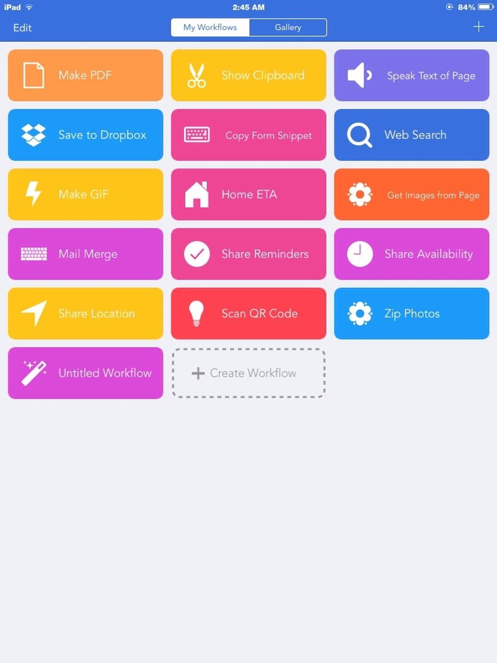 To create a workflow of your own, either tap the plus at the top right, or tap where it says, "Create Workflow."