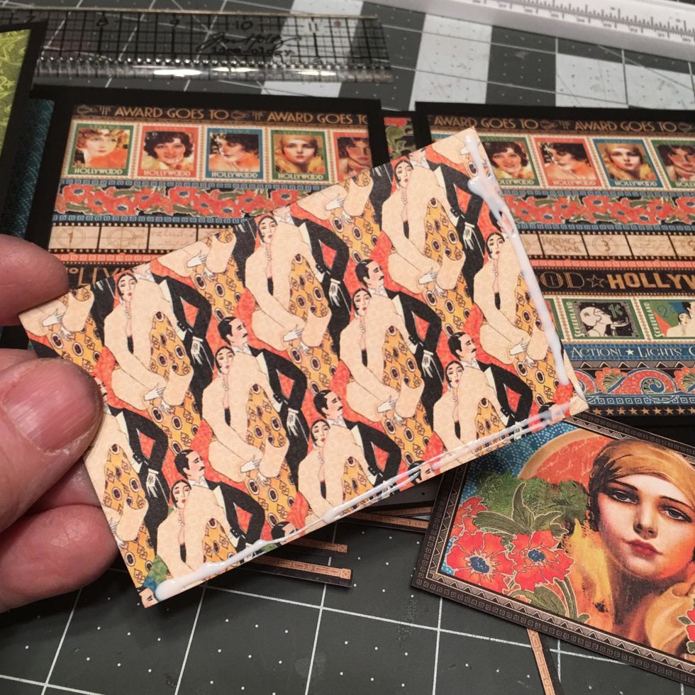 To create pockets, select two cut aparts and trim down to fit on a page. Apply a line of glue to the back bottom edge and both side edges.