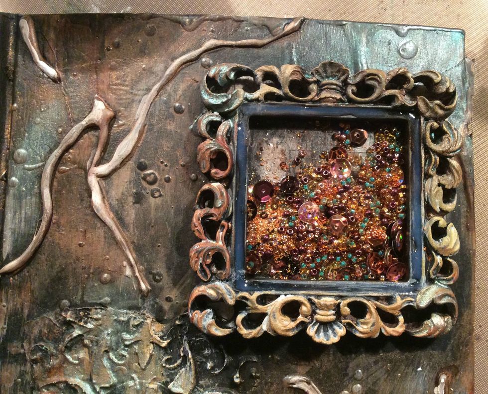 To create the shaker box I added sequins, seed beads, and German glass glitter to the frame, cut a piece of acetate and glued it to the front using Glossy Accents.