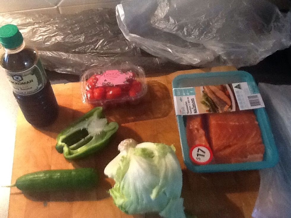 To create your amazing salmon with salad you will need: *Soy sauce *Tomatoes *Capsicum *Salmon *Lettuce *Cucumber