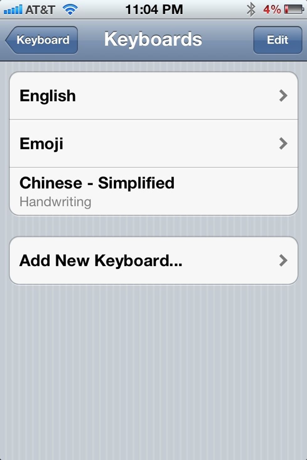 To delete a keyboard, go back to where you started. Tap Settings, General, Keyboard, and then International Keyboard. At the top, tap button Edit