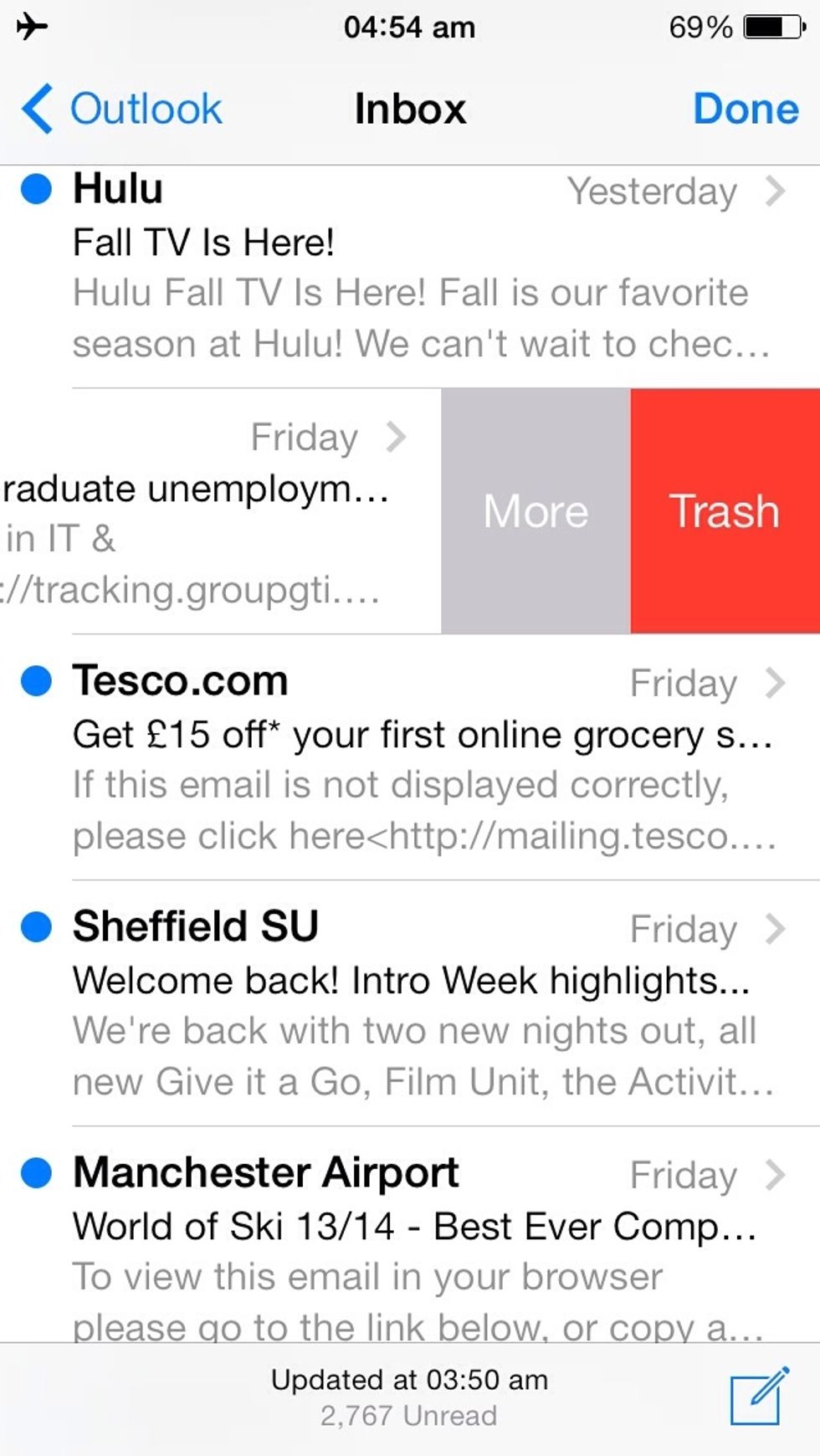 To delete Messages,mails & notes, swipe the selected item from right to left & you'll see an option to delete it.
