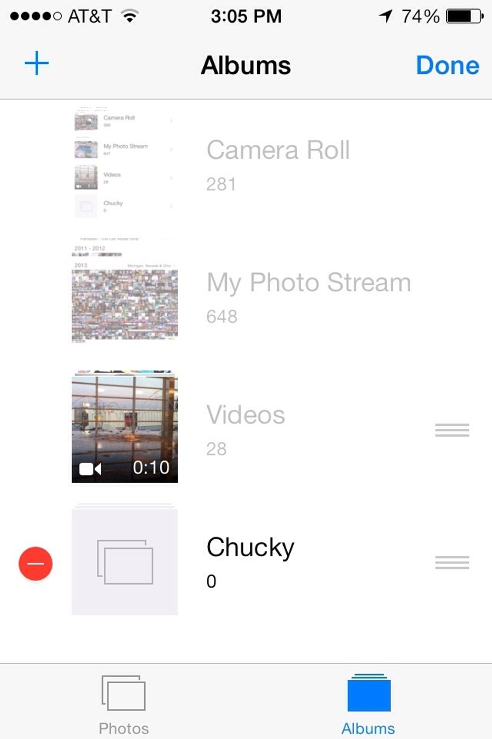 To delete or change the order of your albums. Tap "Edit" in the top right corner. Tap red circle to delete an album or drag the three lines (right) to move them up or down. Then tap "Done".