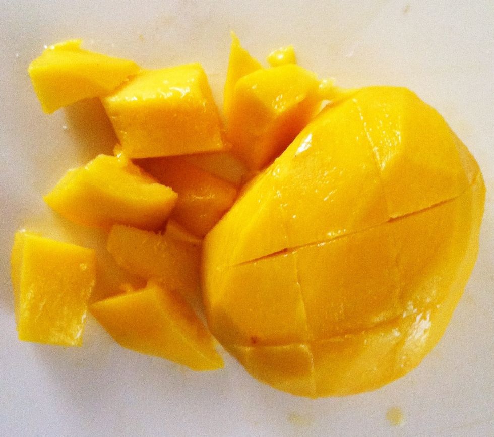 To dice, place wide side on cutting board and carefully cut on diagonals. Then slice across the fruit. Be careful, the ripe fruit can be slippery.