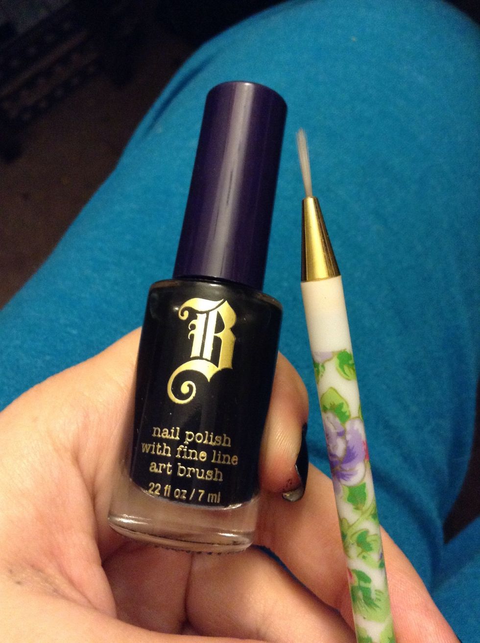 To do the webs you need a striper polish, (I got the black at I think a shoe store for around $2) or a nail art brush.