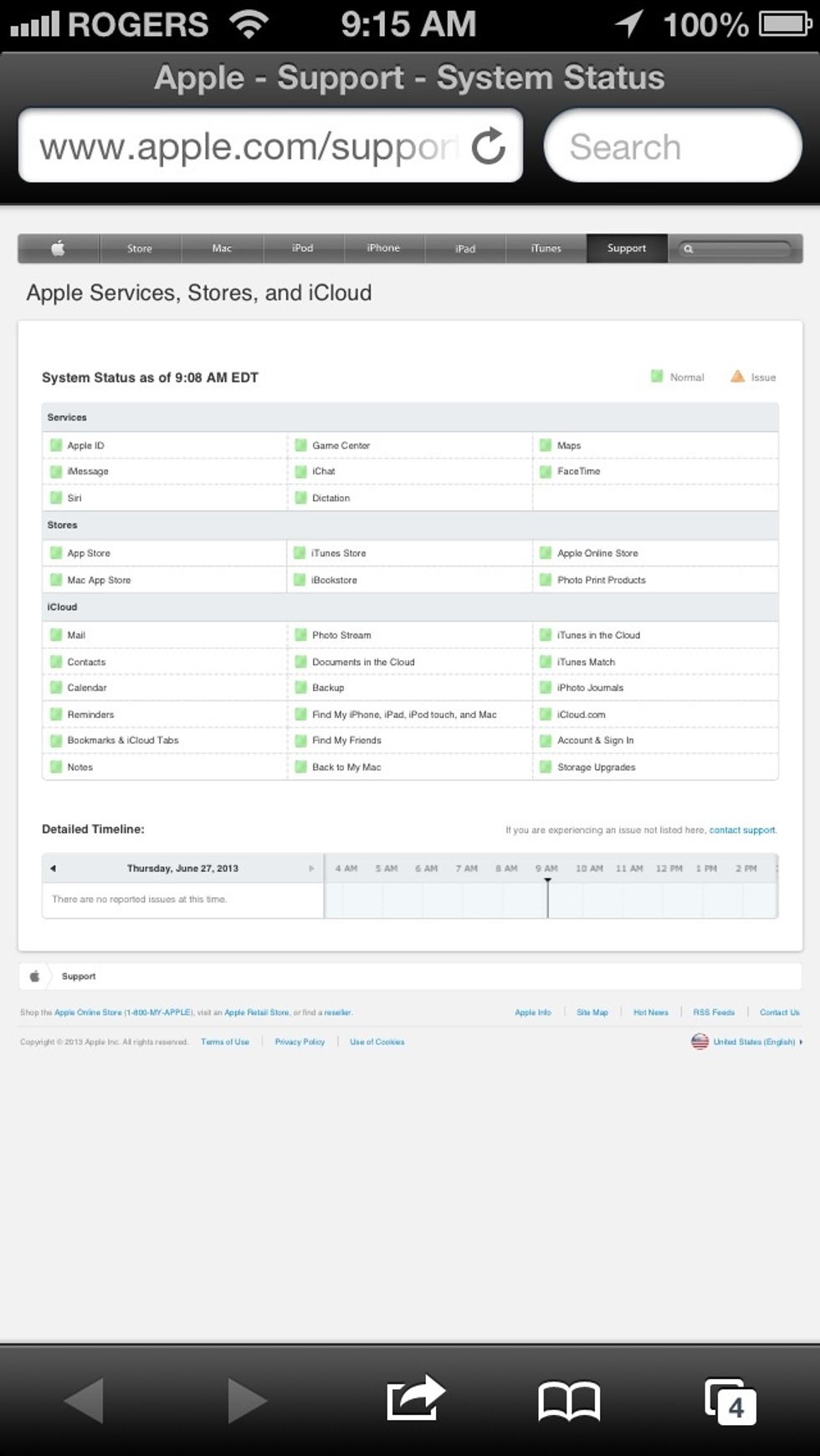 To do this, simply just visit http://www.apple.com/support/systemstatus/ and you will be greeted with this page.