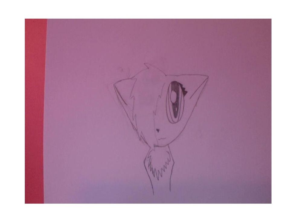 To draw the chest fur, do a little spike on the left and then do longer spikes down and back up to the right. Draw the cat's slim shoulders out and down narrower. Smooth the shoulders with your pencil