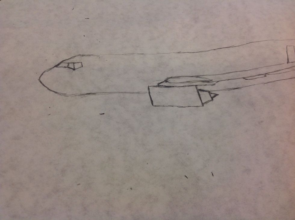 To draw the cockpit windows, first draw a one side slanted trapezoid, then draw a window that is sloping like the one in the picture. Next, draw a window going back up like the one in the picture.