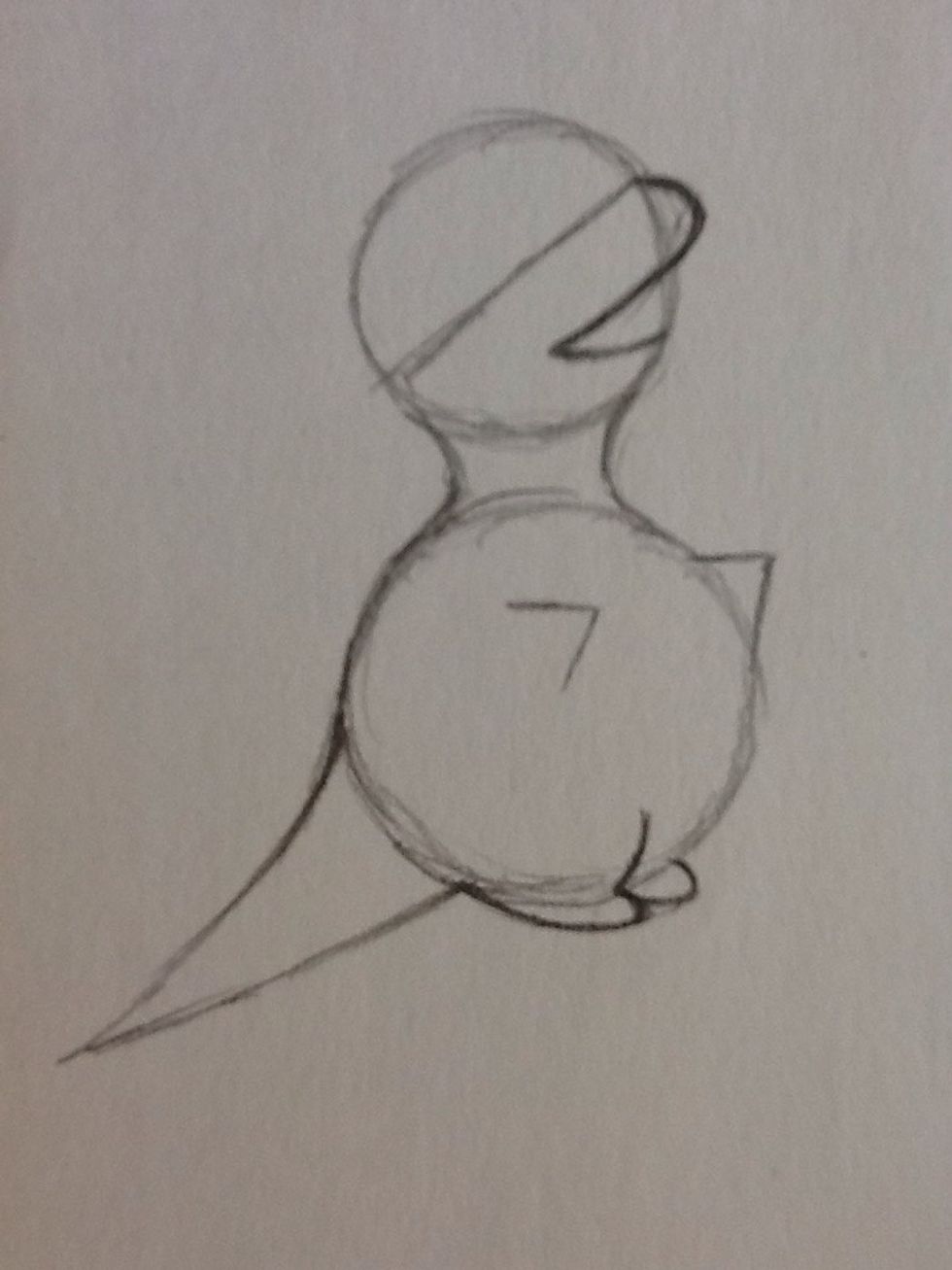 To draw the detail on the body, From the middle of the 3 draw a parenthese. And for the hands, draw two 7's.