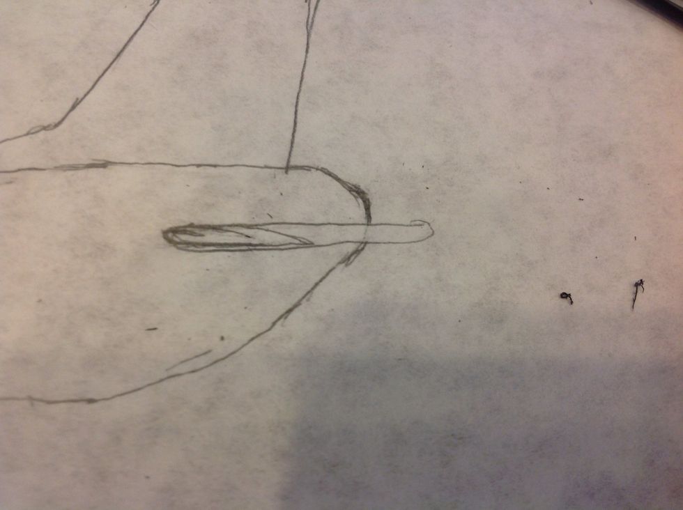 To draw the horizontal stabilizer, first draw an airfoil shape like the one in the picture, then draw two lines with a curve at the end.