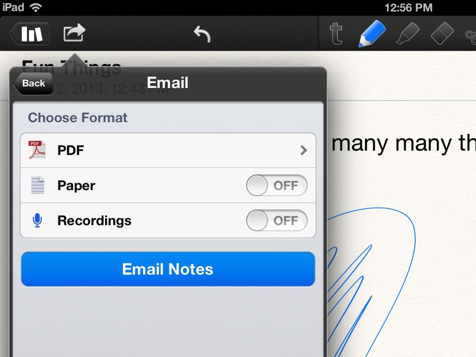 To email notes, click on the arrow in the upper left hand corner, and click email. Then you can choose what kind of document you want and so forth.