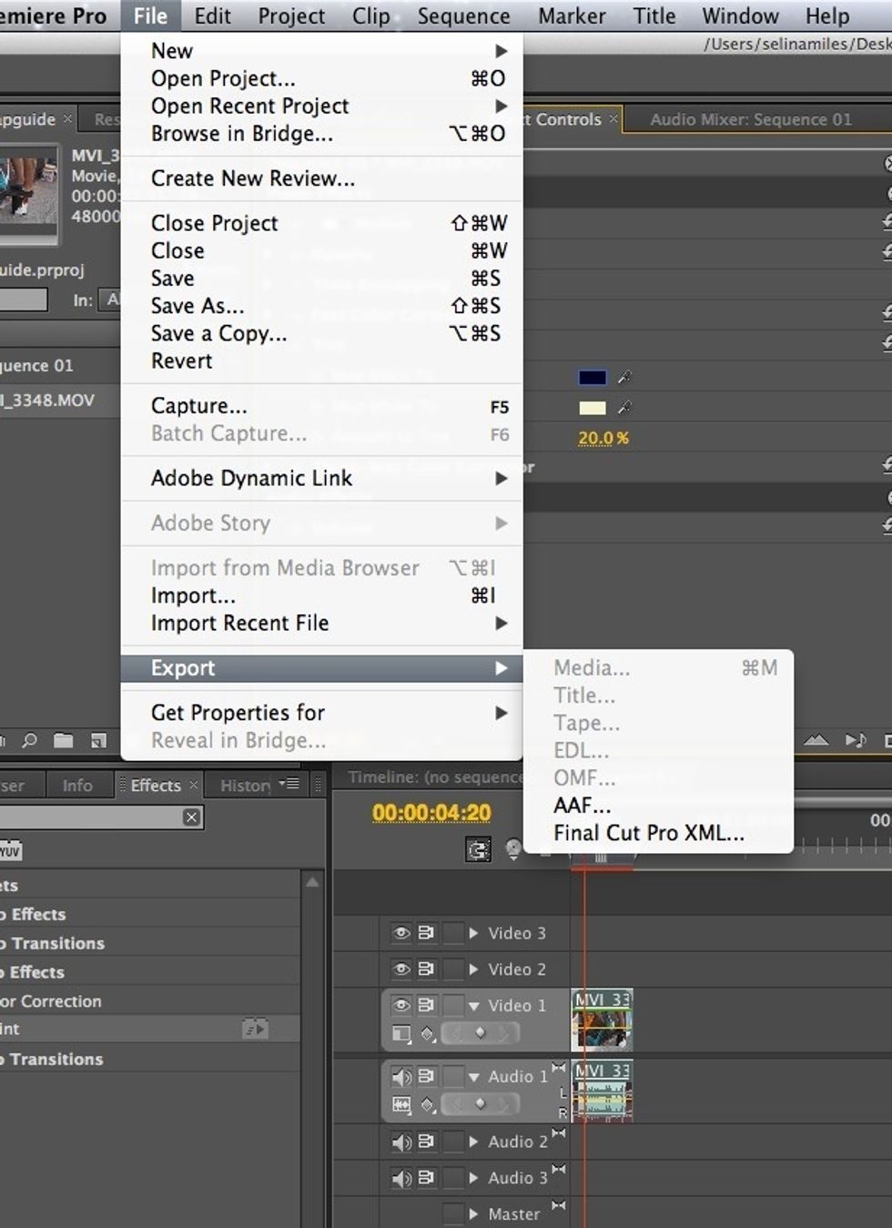 To export, click anywhere in your timeline window to select it, and go to File>Export>Media