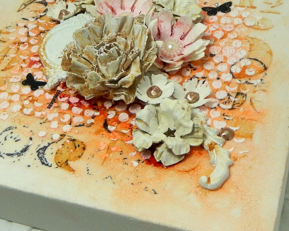 To finish add a variety of handmade or store bought flowers and Rose Gold Liquid Pearls dots. Use Botanical Remnant Rubs to add words and butterflies, sealing with the Matte Distress Collage Medium.