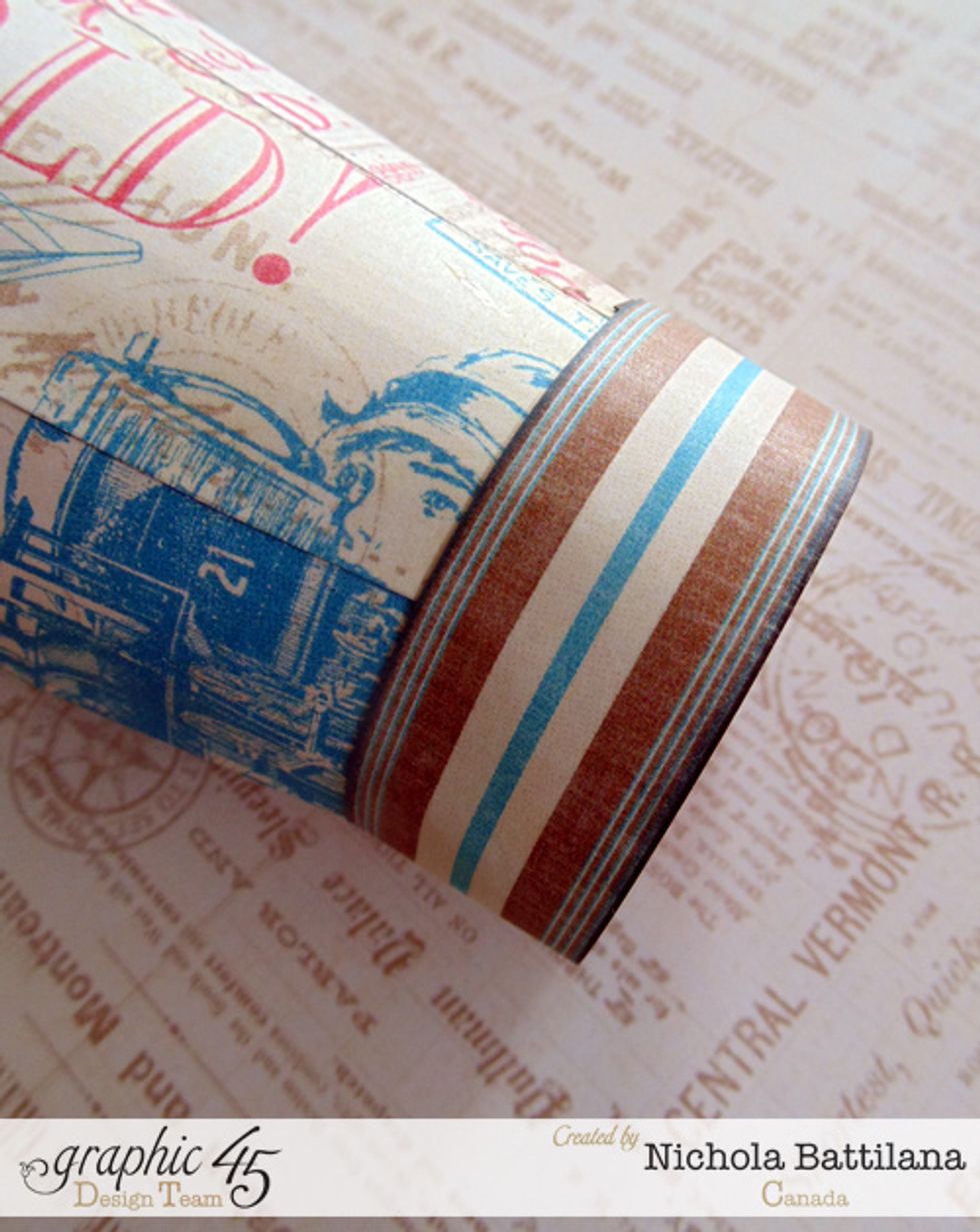 To finish off the bottom edge I add a strip of Graphic 45 > Come Away With Me > Pleasure Trip, adhering into place using Scrapbook Adhesives E-Z Squares\u00ae Refillable Dispenser