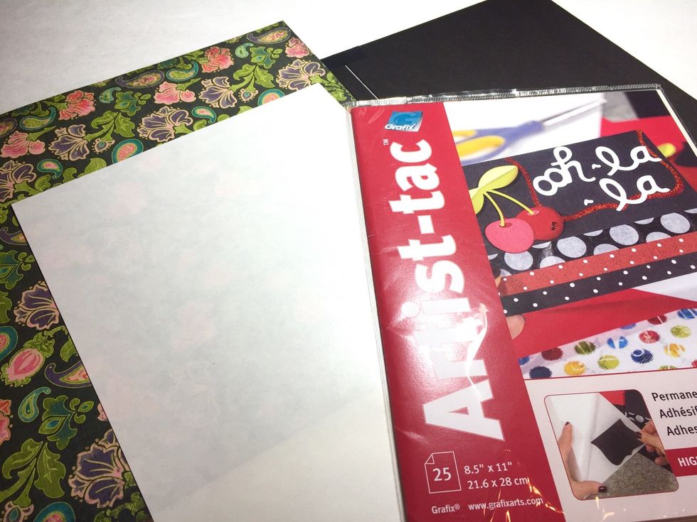 to finish off the inside of the front cover, select a coordinating piece of printed paper. we'll be using Artist-Tac to adhere it.