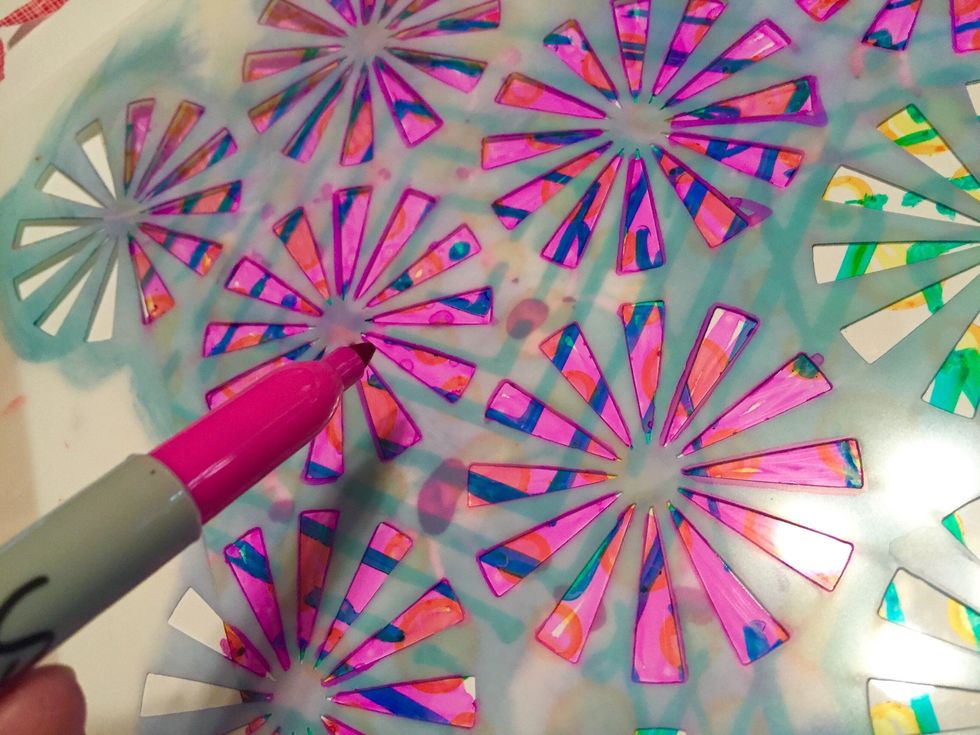 to finish sheet, tape down Retrobursts stencil and fill in designs using Hot Pink Sharpie.