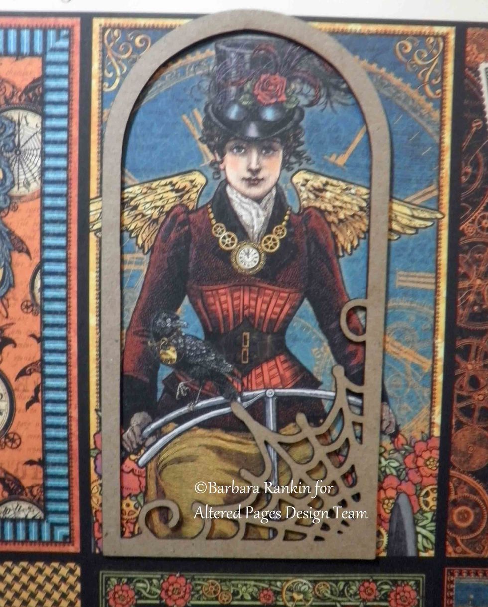 To finish the back cover, trace chipboard web frame over G45 image. Cut image out to fit behind frame.