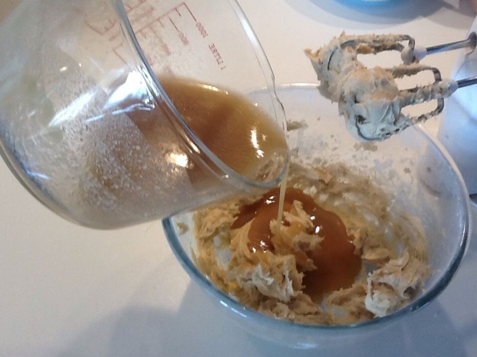 To finish the icing beat together the butter, icing sugar and vanilla extract until fluffy. Beat in the cold caramel sauce.