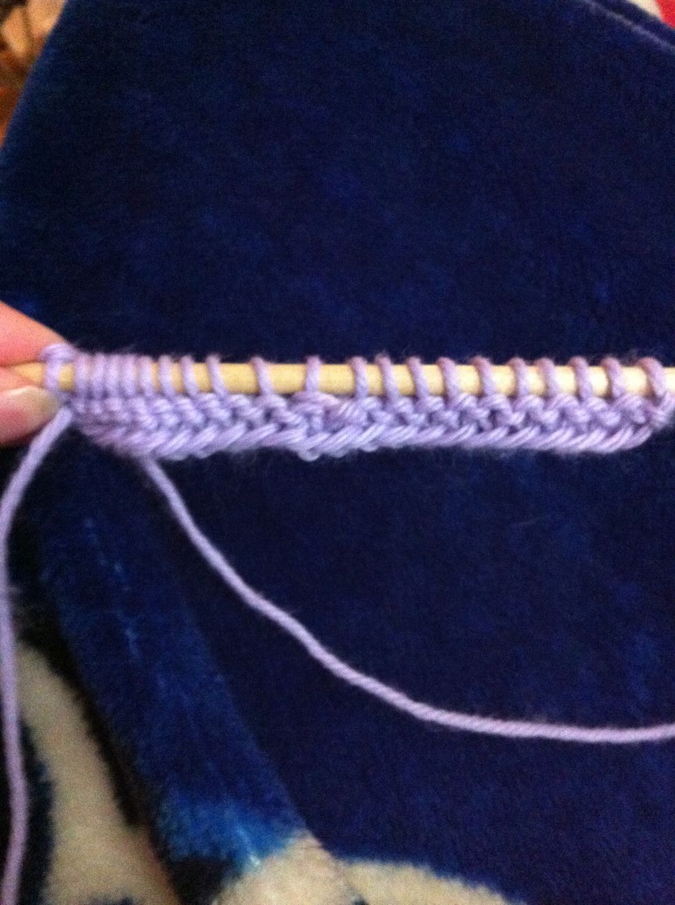 To finish the row knit the remaining sts which should be the same amount as before the decrease. Each decrease row decreases your sts by 2 sts. So for my square I now have 21 sts.