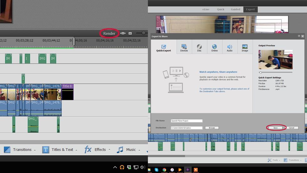 To finish the video, first press render and rewatch the video. Once you are satisfied, press "Export and Share" and save the video to the location of your choosing
