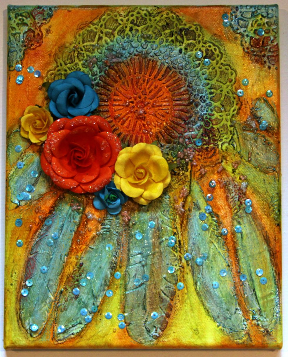 To finish this off I added some seed beads and sequence with gel Medium